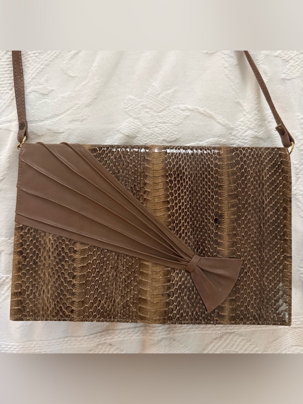 Vintage 80s JASMIN Genuine Snakeskin & Leather Fan Deco Clutch